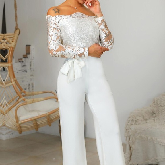 Full-Length Jumpsuit with Off-Shoulder Design and Lace